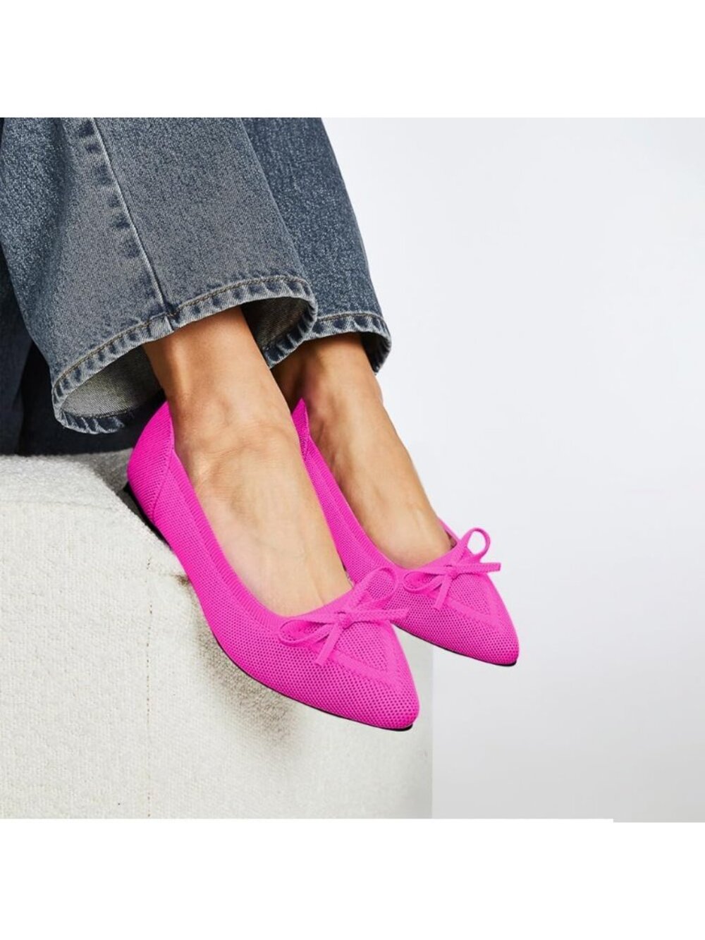 Women's Pink Rubber Knit Pointed Toe Ballet Flats Bow Slip On Comfortable Shoes - Picture 6 of 6